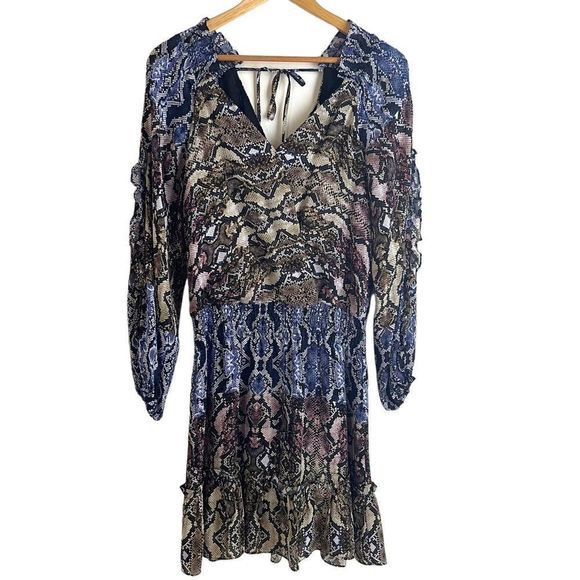 Parker Gladis Snakeskin Print Silk Ruffle Detail Dress Size Med NWT - Picture 3 of 12